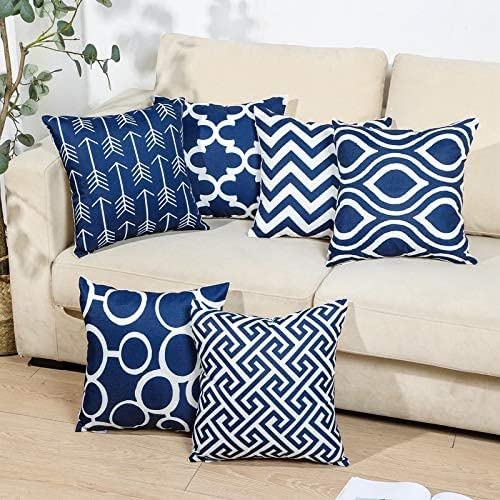 TIDWIACE Set of 6 Navy Blue Cushion Cover Outdoor Furniture Decorative Linen - Throw Pillow case for Home Office Sofa Bedroom Car Garden ，Invisible Zipper 45x45cm/18x18 Inch