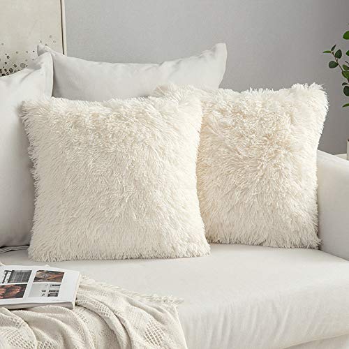 MIULEE Pack of 2 Faux Fur Throw Pillow Cover Fluffy Soft Decorative Square Pillow covers Plush Case Faux Fur Cushion Covers For Livingroom Sofa Bedroom 16x16 Inch 40x40 cm Cream white